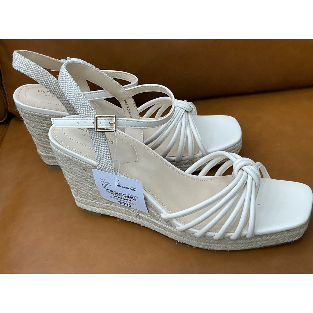 Liz Claiborne Marcos Wedge Sandals Womens 10 White New Strappy Espadrille Jute